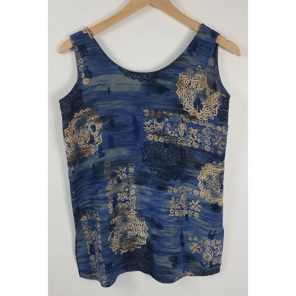 Henri Bendel New York Women's Sz. S 100% Silk Blue/Tan/Black Print Tank Top